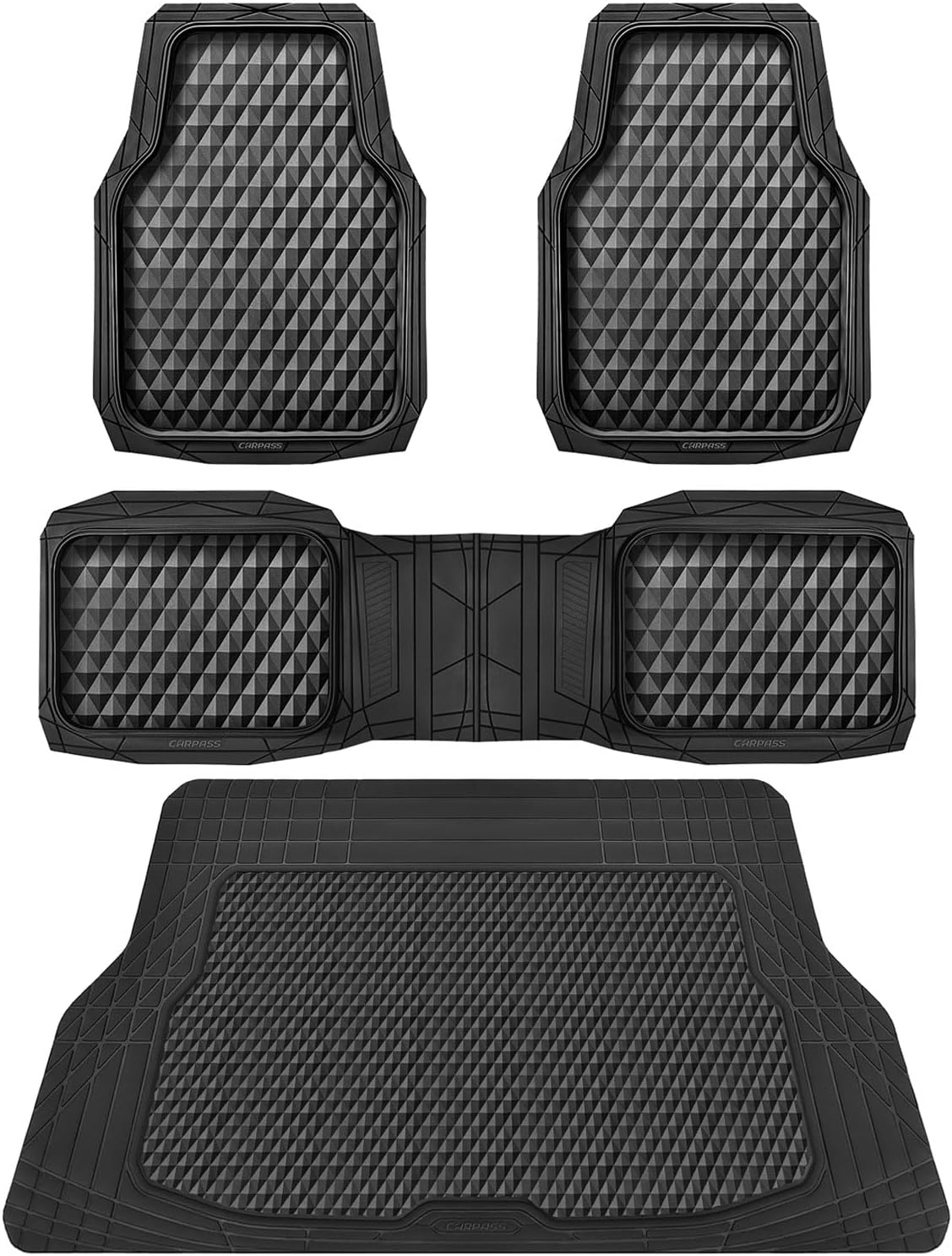 CAR PASS Heavy Duty Rubber Car Mats, Deep Dish All-Weather Floor Mat for Car Full Set Durable Anti-Slip 3D Rhombus Waterproof Trim to Fit Liner Universal Fit Automotive,Sedan,SUV,Truck, 3 Piece Black