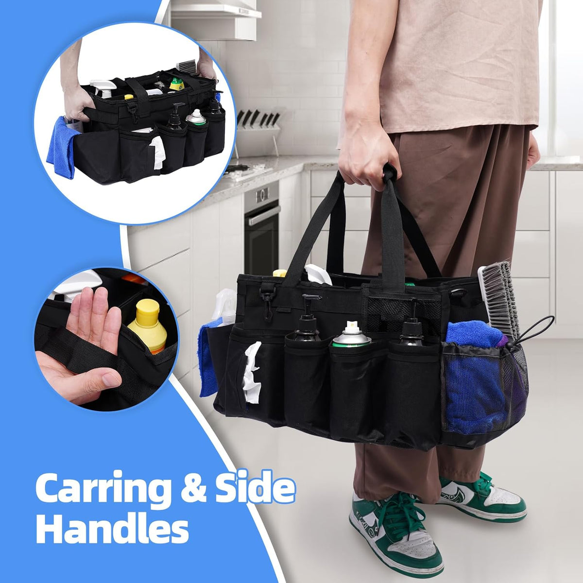 Large Cleaning Supplies Bags for Housekeepers, Professional Wearable Cleaning Supply Caddy for House Cleaners Detail Car Cleaning Supplies Organizer Tote with Handle, Grey
