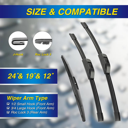 5 PLUS® Silicone Windshield Wipers Replacement for 2019-2024 Toyota RAV4/ 2006-2015 Mazda 5 Wiper Blades(Set of 3), Windshield Wiper Blades For My Car-26"/16"/12" - Colors A