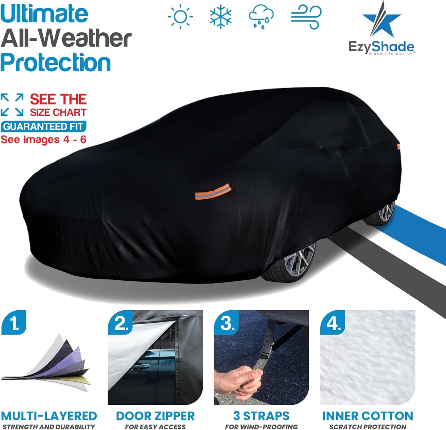 EzyShade 10-Layer Car Cover Waterproof All Weather - See Vehicle Size-Chart - Car Covers for Automobiles & Car Snow Cover - Full Exterior Covers - Winter Rain Sun SUV Sedan. Size A4 (See SizeChart)