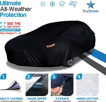 EzyShade 10-Layer Car Cover Waterproof All Weather - See Vehicle Size-Chart - Car Covers for Automobiles & Car Snow Cover - Full Exterior Covers - Winter Rain Sun SUV Sedan. Size A4 (See SizeChart)