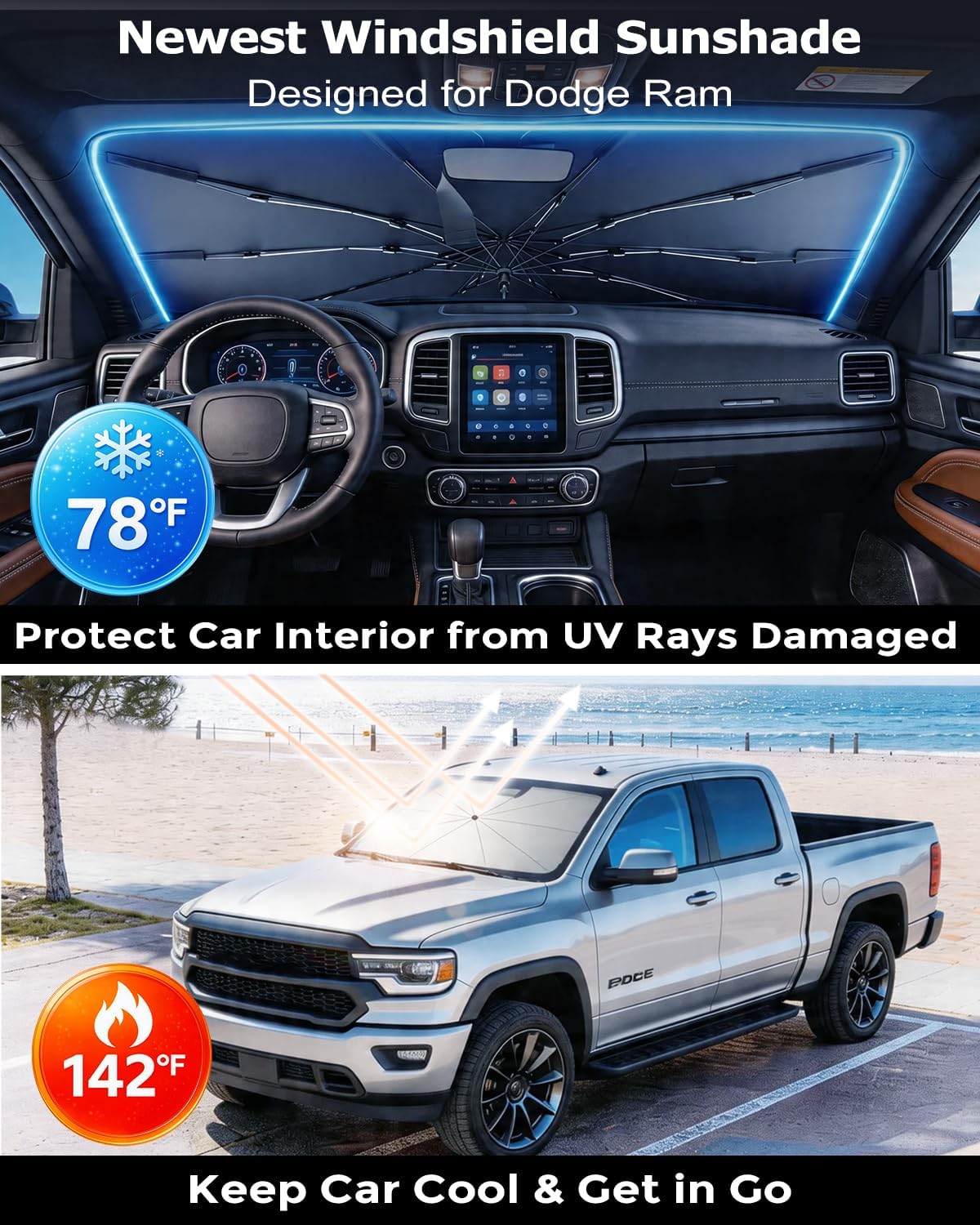 DMJN Umbrella Windshield Sun Shade - Medium, Car Sunshade for Front Windshield [Nano Ice-Crystal Coatings] UPF50+ Heat & UV Block, Protect Interior & Keep Cooler Universal for Car, SUV, Truck