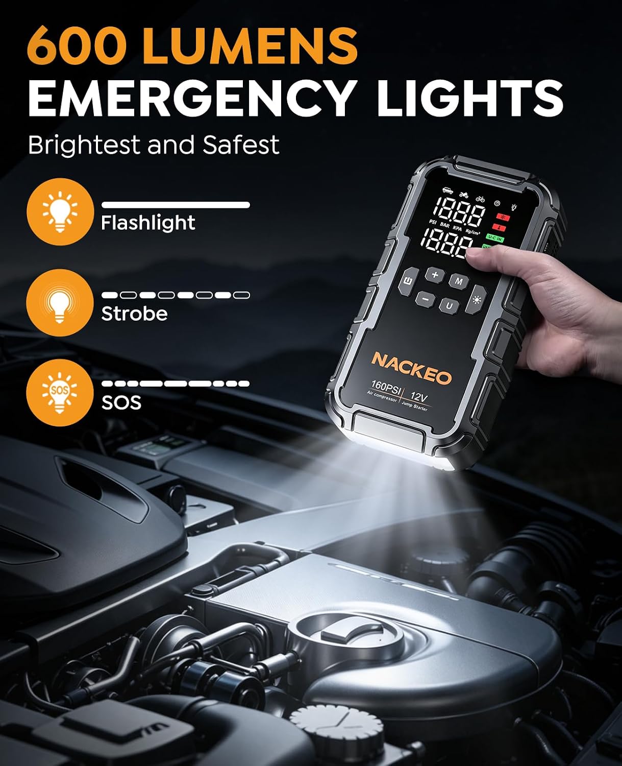 8000A Car Battery Jump Starter with Air Compressor 160PSI, Car Jumper Starter Portable (All Gas 12L Diesel), 12V Jump Box Car Battery with 600LM Light, Jumper Cables, Large LCD Display, Power Bank