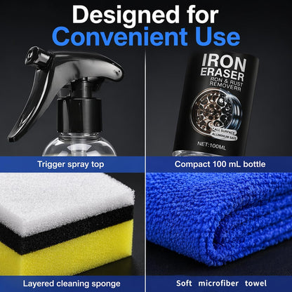 Iron Eraser Rust Remover Spray for Car Wheels & Paint, Fast Acting Iron and Rust Remover, Brake Dust Cleaner for Automotive Surface Care, Professional Car Cleaning Spray, 100ml / 3.38 Fl Oz, 1PCS