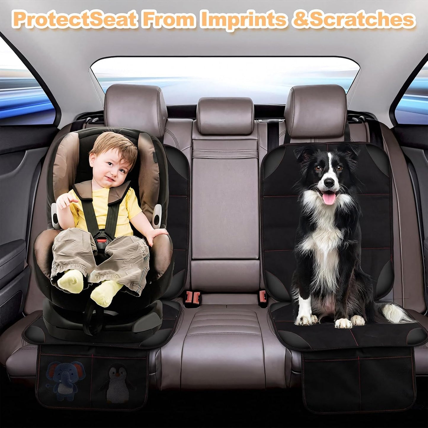 SMART ELF Car Seat Protector, 2Pack Seat Protector Protect Child Seats with Thickest Padding and Non-Slip Backing Mesh Pockets for Baby and Pet,Sedan SUV Truck (Black)