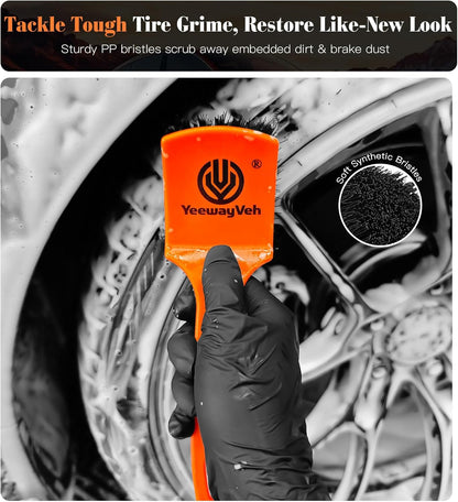 YeewayVeh 3PCS Quick Car Wheel Brush Kit, 2-Size 360° Bendale Rim Cleaner Brushes, Boars Hair Detailing Brush, Fast Scratch-Free Cleaning for Car Wheels, Motorcycle, Orange