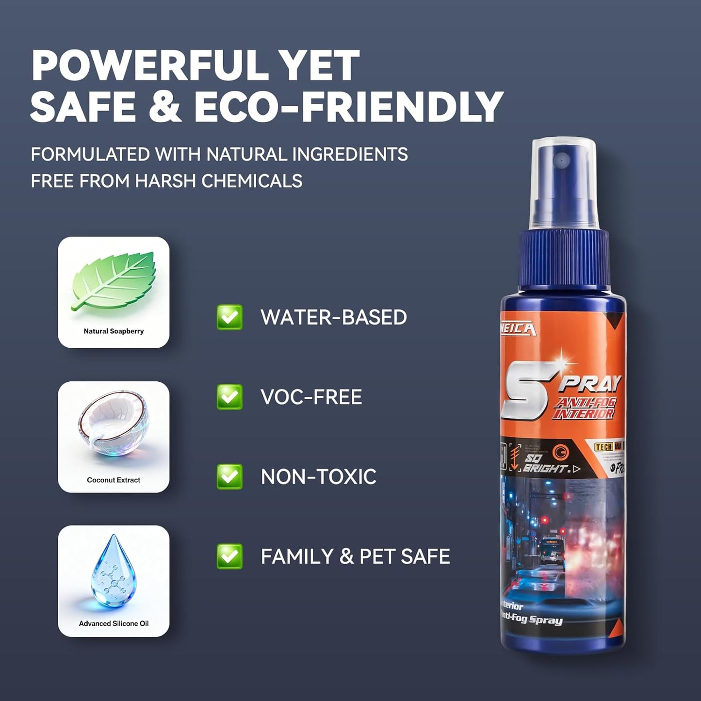 Spray Anti-Fog Interior - for Car Windshield, Bathroom Mirrors, Swim Goggles - Long-Lasting Clarity, Streak-Free Formula 100ML