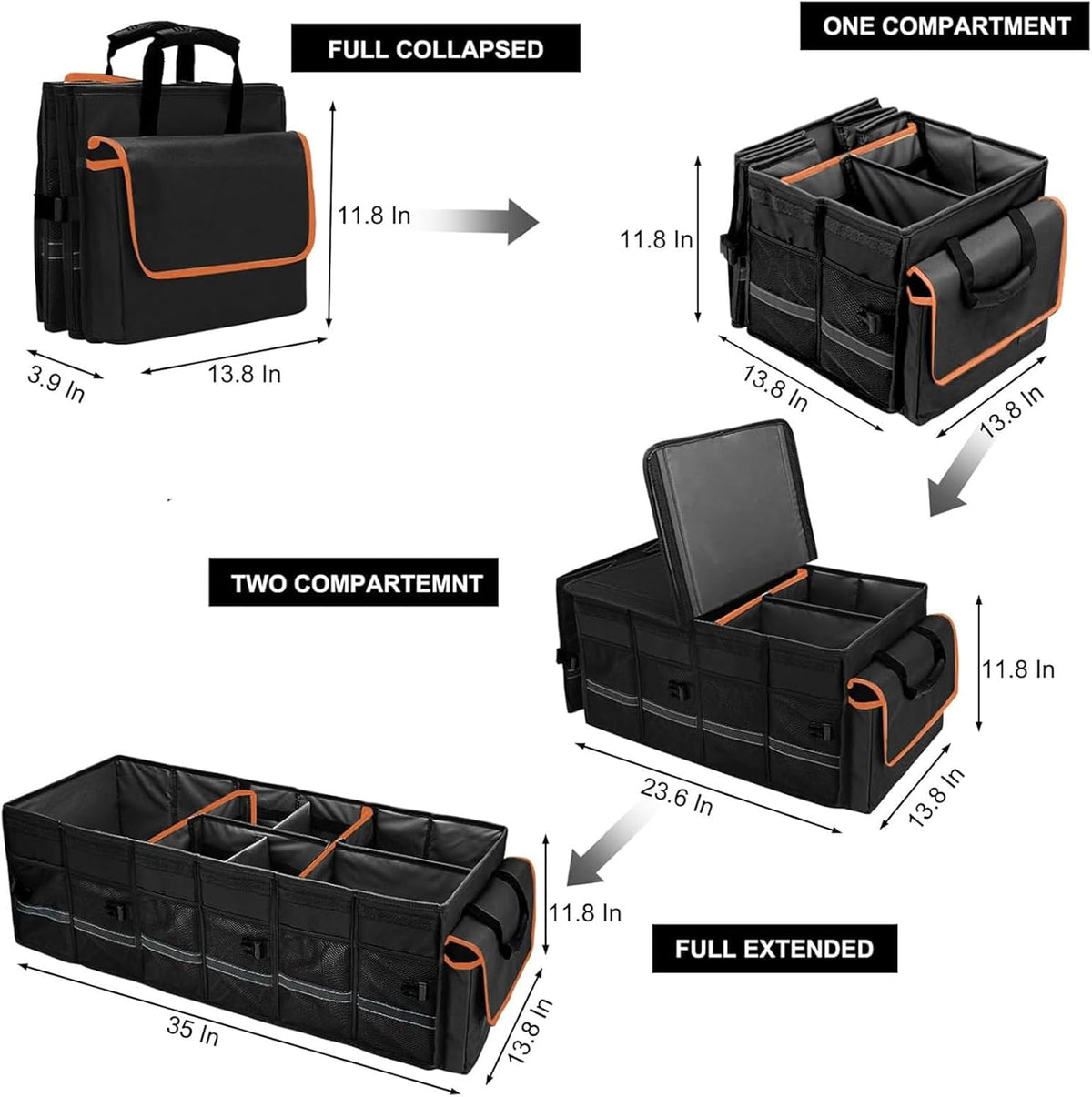 Car Trunk Organizer and Storage with Lid & Removable Leakproof Cooler Bag, Car Accessories 6 Removable Dividers for Custom Space, Collapsible Large Trunk Organizers Interior for SUV Sendan with Cover