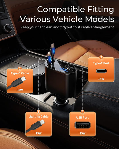 BERTHALESS Retractable Car Charger, 4 in 1 Fast Charging Car Charger with USB-C & USB-A, Compatible with iPhone 17/16/15/14/13/12/11,Galaxy,Pixel,Car Accessories Gifts for Fathers Day,Husband,Men,Dad