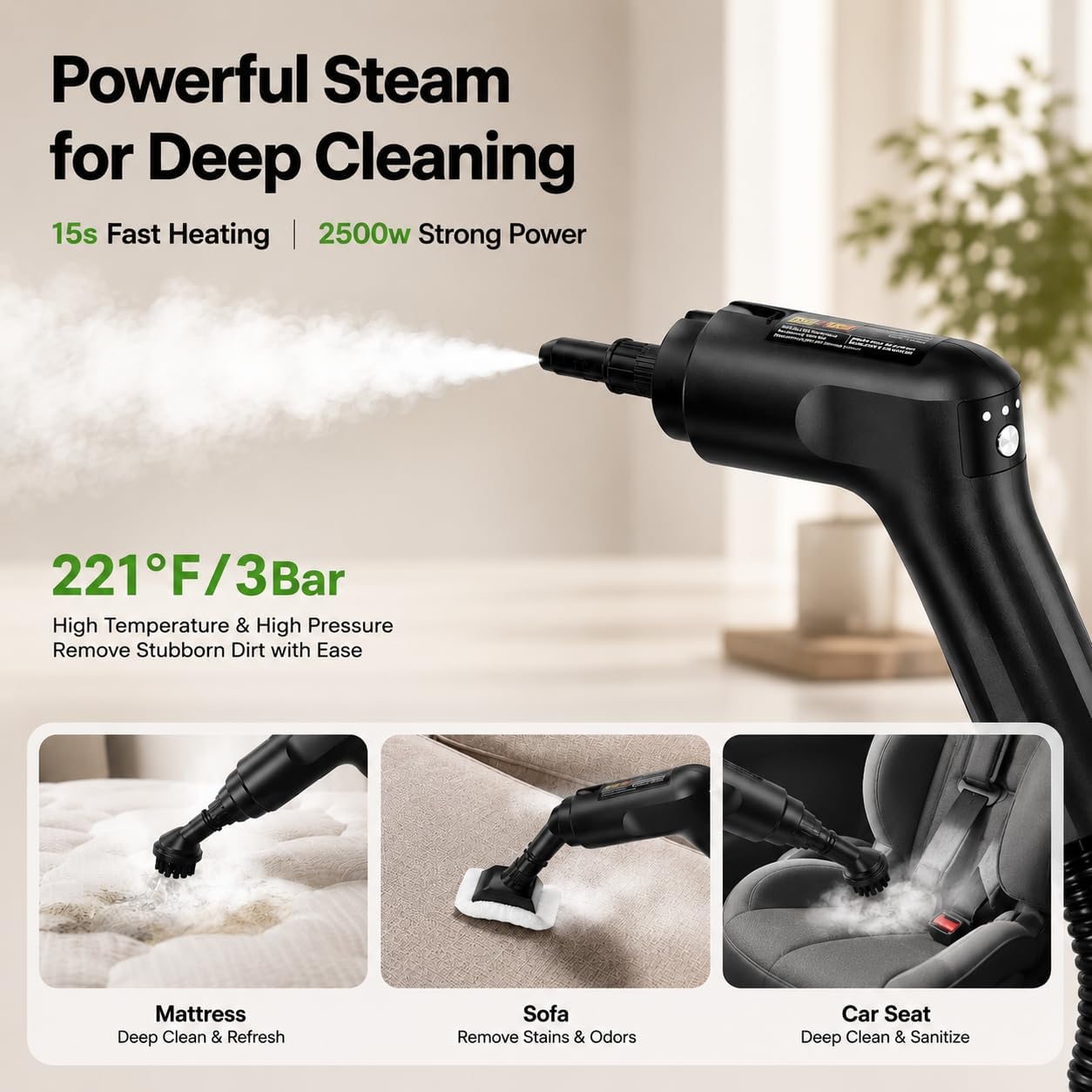 Handheld Steam Cleaner for Home, 2500W High Pressure Steam Cleaner for Car Detailing, 3 Steam Levels, 1600Ml Tank, High Heat Steamer for Bed Bugs, Couch, Furniture, Kitchen, Bathroom, Floors