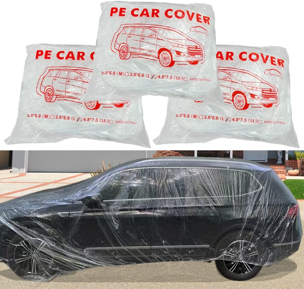 4 Packs Disposable Car Cover Clear Plastic Car Cover Universal Rain Dust Garage Cover with Elastic Band Medium (12 ft x 22 ft)