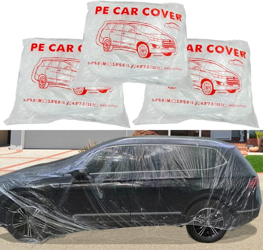 4 Packs Disposable Car Cover Clear Plastic Car Cover Universal Rain Dust Garage Cover with Elastic Band Medium (12 ft x 22 ft)