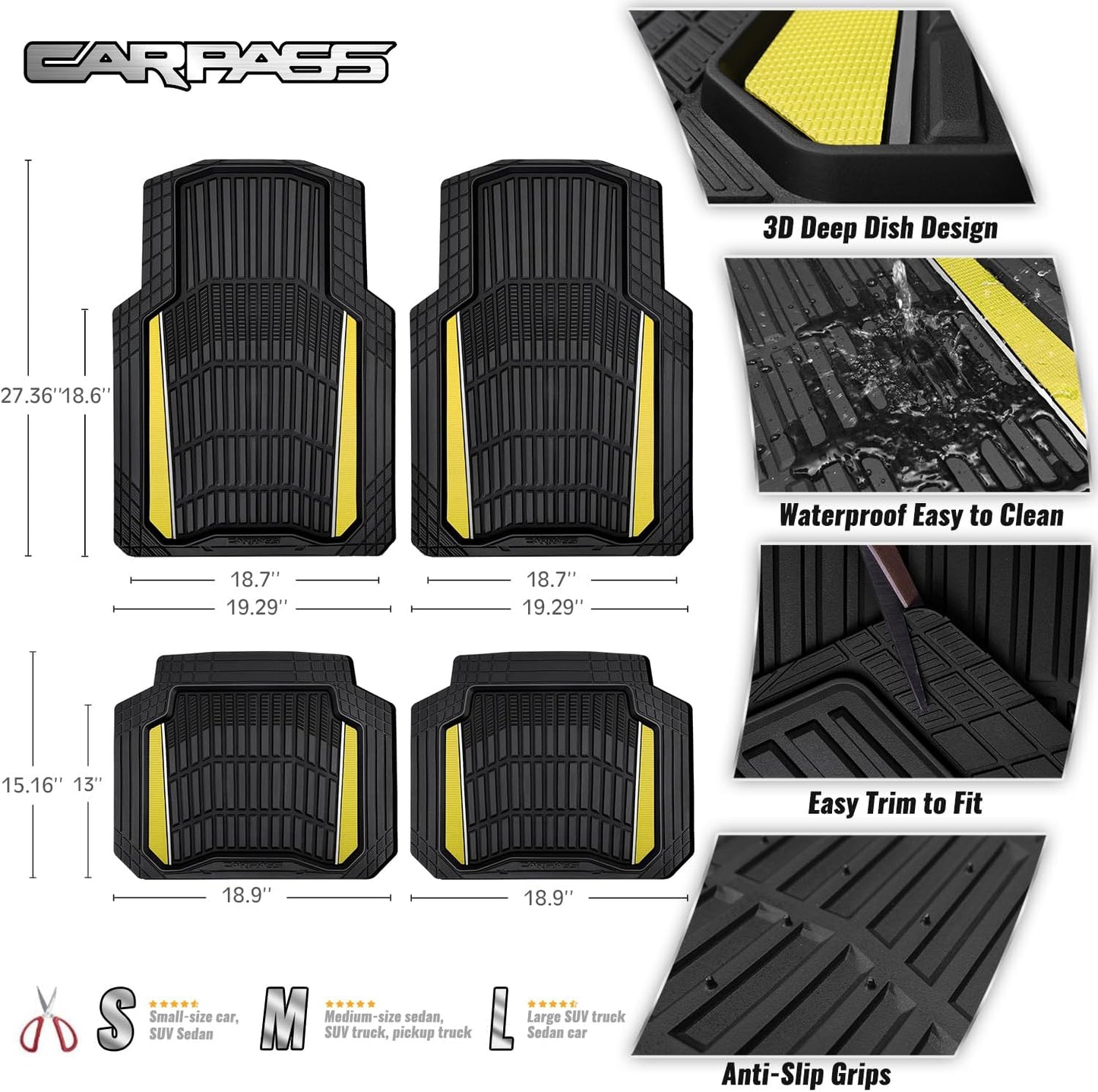 CAR PASS Heavy Duty Rubber Car Floor Mats, Deep Waterproof Car Floor Mats All Weather, Aluminum Film Floor Mats for Cars Non-Slip Universal Trim to Fit for SUVs Trucks Sedans Vans, Black Grey Metallic