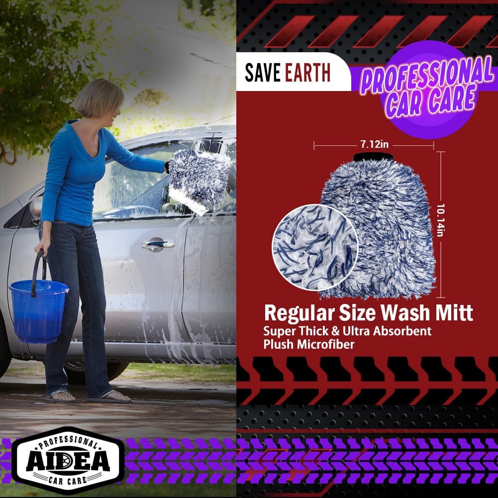 AIDEA Car Wash Mitt Microfiber, 1PK-Scratch-Free& Lint-Free, Premium Chenille Microfiber Mitt Car Wash Brush-Green Regular Size (7.12''X10.14'')
