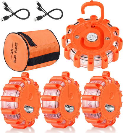 Tobfit 6 Pack LED Road Flares Emergency Lights Roadside Safety Beacon Disc Flashing Warning Flare Kit with Magnetic Base & Hook for Car Truck Boats | 9 Flash Modes (Batteries Not Included) (6)