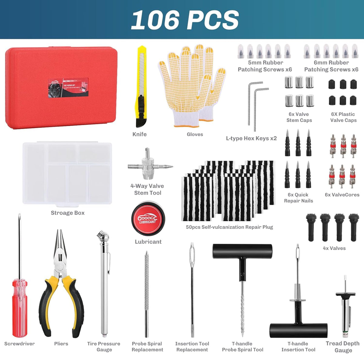 GOOACC Tire Repair Kit - 106pcs Heavy Duty Tire Plug Kit Flat Tire Puncture Repair Kit for Car, Motorcycle, ATV, UTV, RV, Tractor, Trailer
