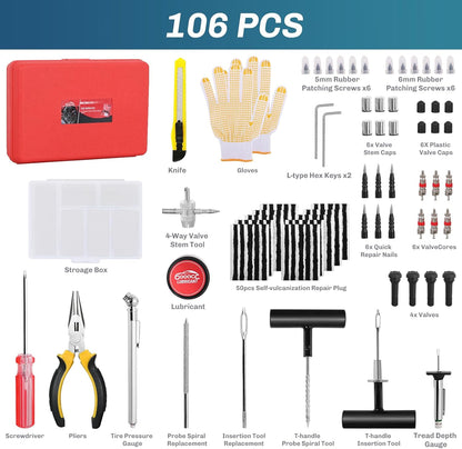 GOOACC Tire Repair Kit - 106pcs Heavy Duty Tire Plug Kit Flat Tire Puncture Repair Kit for Car, Motorcycle, ATV, UTV, RV, Tractor, Trailer
