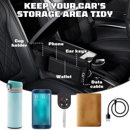 Car Leather Cup Holder Gap Bag, New Car Seat Gap Filler Organizer with Cup Holders, Console Organizer for Phone, Keys and Small Items, Universal Fit Essentials for SUV, Truck & Sedan (2pc)