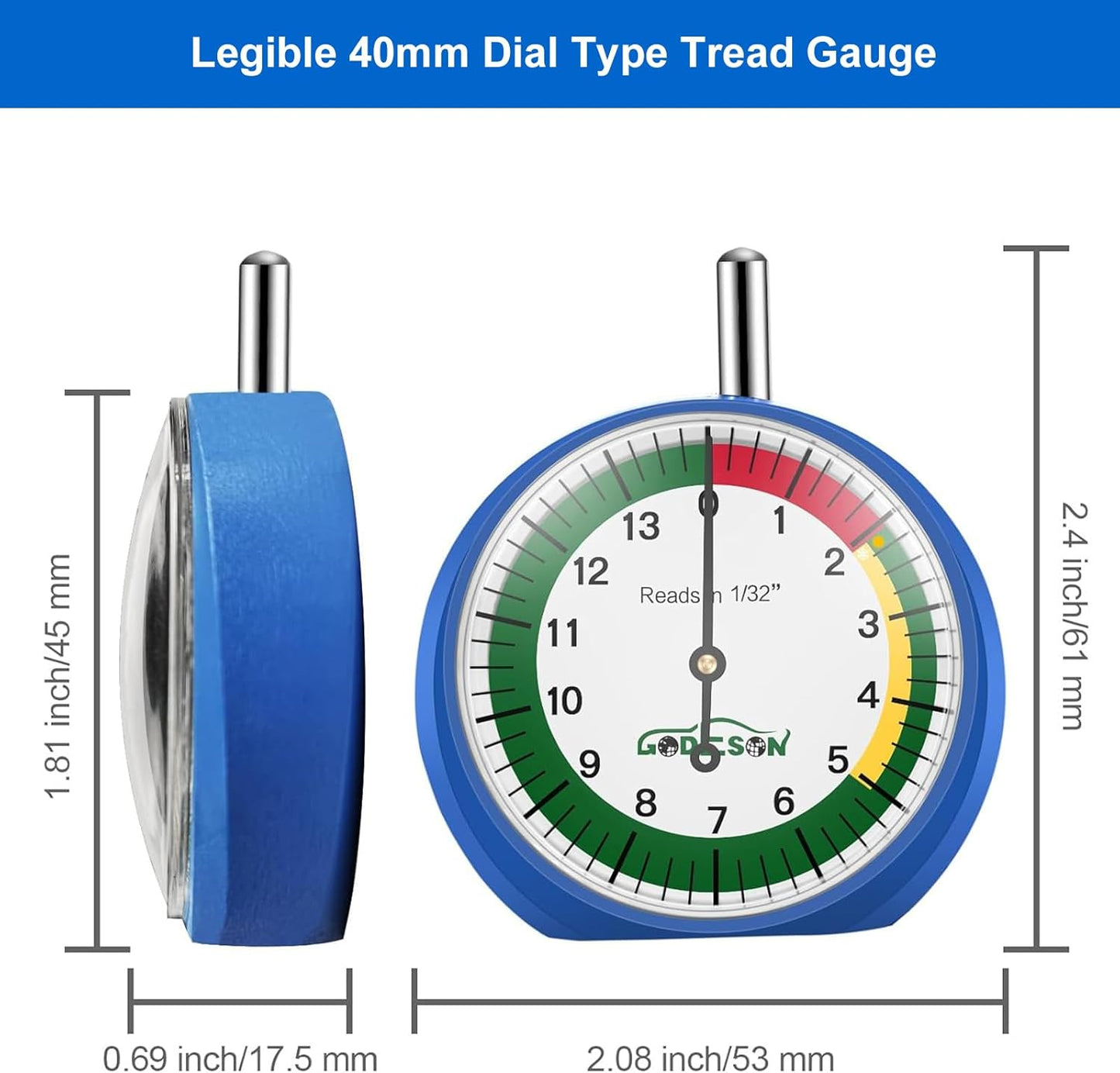 GODESON Dial Type Tire Tread Depth Gauge 88703 Professional for Motorcycle, car,Truck and Bus