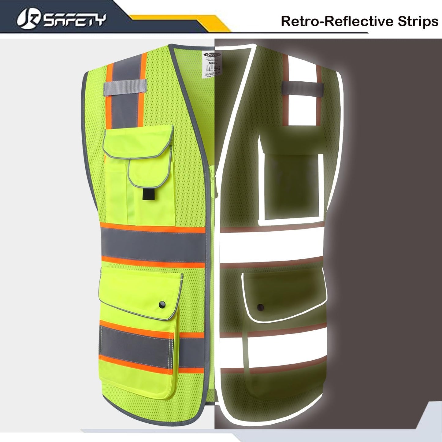 JKSafety 9 Pockets Class 2 High Visibility Zipper Front Safety Vest With Reflective Strips,Meets ANSI/ISEA Standard (Large, 150-Yellow) - Colors A