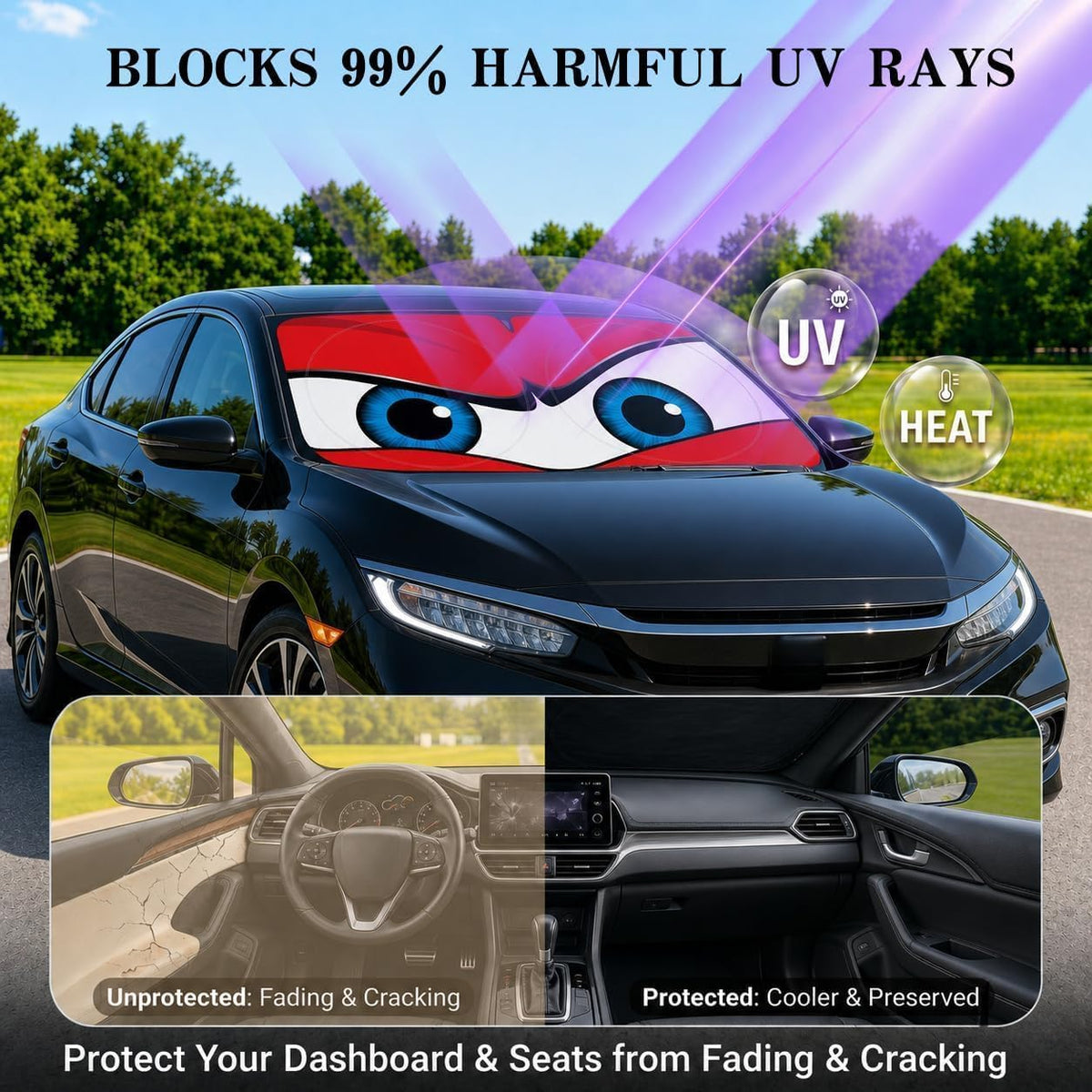 Car Windshield Sun Shade, Funny Cartoon Eyes Sun Visor for Car Windshield Universal Fits Sedan Compact Car Hatchback SUV, UV Heat Protection - 59 x 27.5