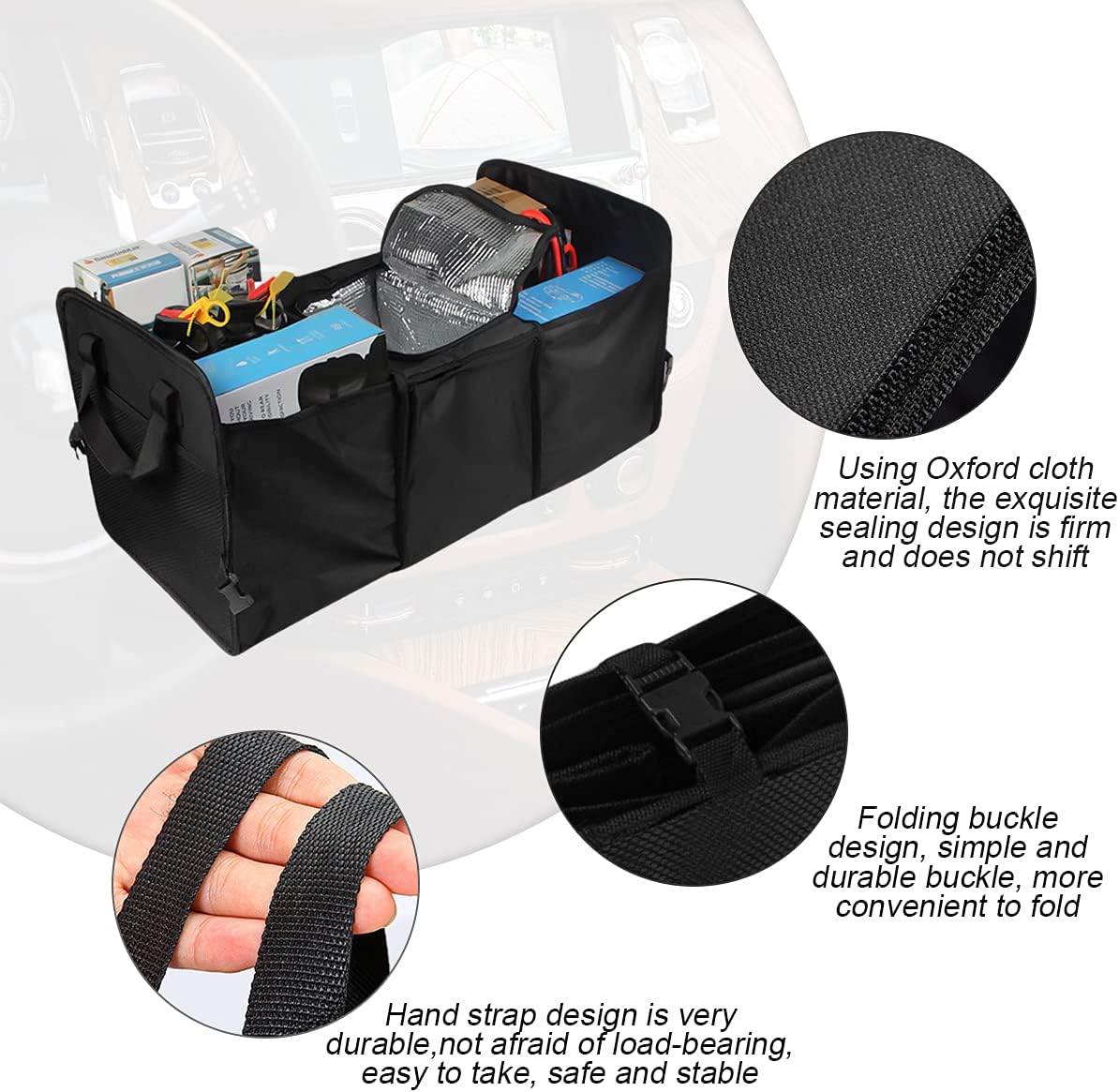 Car Trunk Organizer, Portable Foldable Waterproof Auto Storage Bag with 3 Compartments, Collapsible Cargo Trunk Groceries Organizer, Car Accessories Universal for SUV, Truck, Van, Sedan (Black2)
