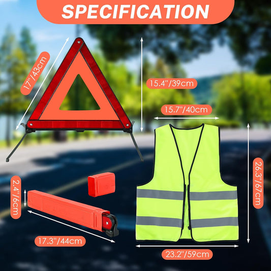 NATGAI 3 Pack Emergency Warning Triangles, Reflective Roadside Safety Triangle Kit with Storage Case and 3 Pack High-Visibility Safety Vests, Foldable Reflective Triangles for Roadside Emergencies