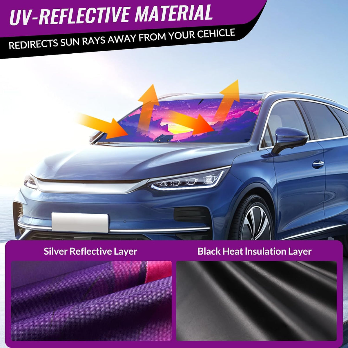 Car Windshield Sun Shade - Reflector Sunshade Offers Ultimate Protection for Car Interior, Cool Reflective Sun Blocker Fits Small Sedans, Mini SUVs