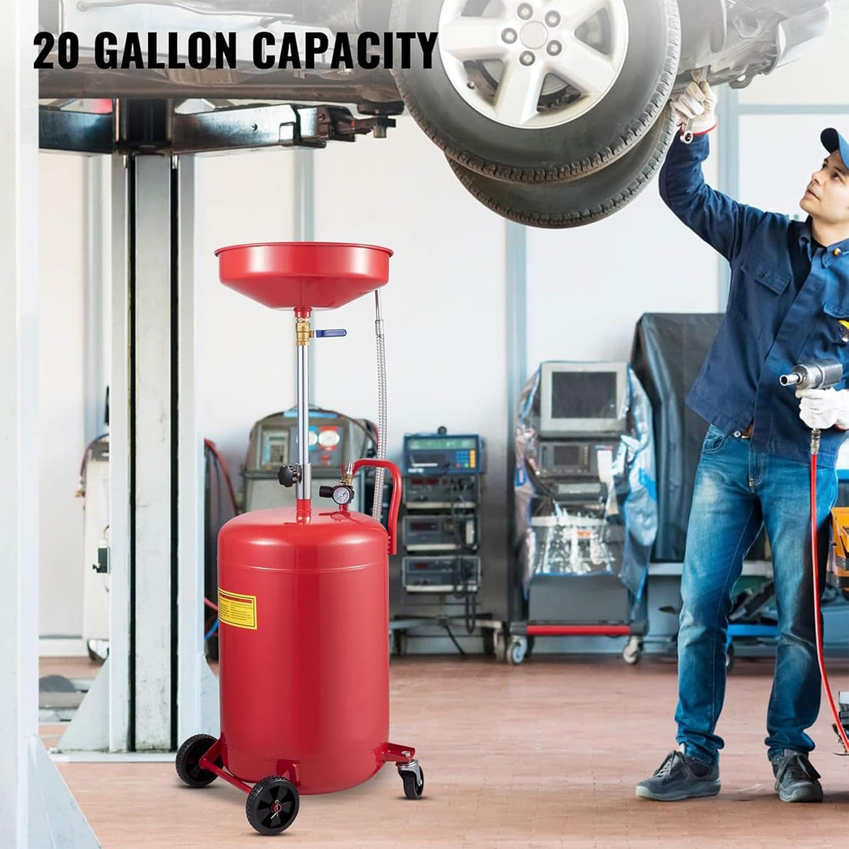 VEVOR Oil Drain Container, 20 Gallon Waste Oil Drain Tank, Portable Oil Lift Drain Pan Air Operated Drainer, Fluid Fuel Drainage Adjustable Funnel Height with Pressure Regulating Valve & Wheel