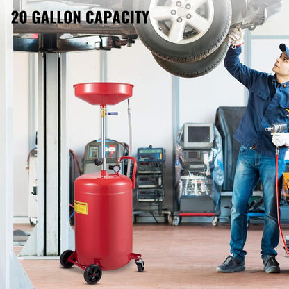 VEVOR Oil Drain Container, 20 Gallon Waste Oil Drain Tank, Portable Oil Lift Drain Pan Air Operated Drainer, Fluid Fuel Drainage Adjustable Funnel Height with Pressure Regulating Valve & Wheel