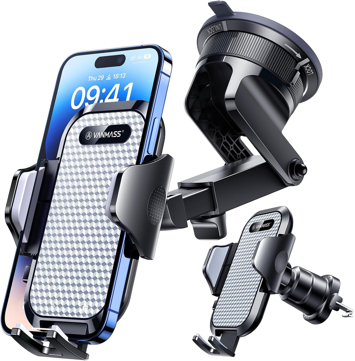 [True Military-Grade] Car Phone Holder VANMASS [Upgraded Strongest Suction&Clip] Cell Phone Mount for Dashboard Windshield Vent Kit, Truck Cradle Stand for iPhone 17 Pro Max 16 15 14 Android,Ink Black