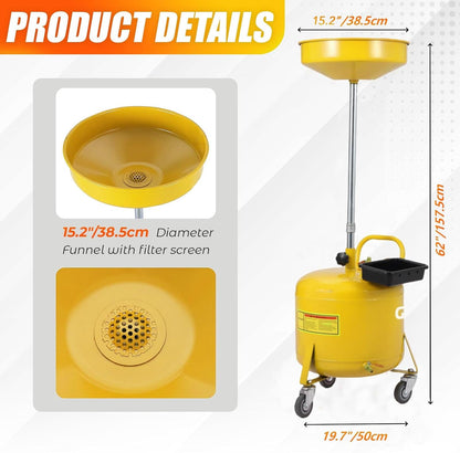 Garvee 8 Gallon Portable Waste Oil Drain Tank, Oil Lift Drain Pan Air Operated Drainer, Fluid Fuel Drainage Adjustable Funnel Height with Wheels