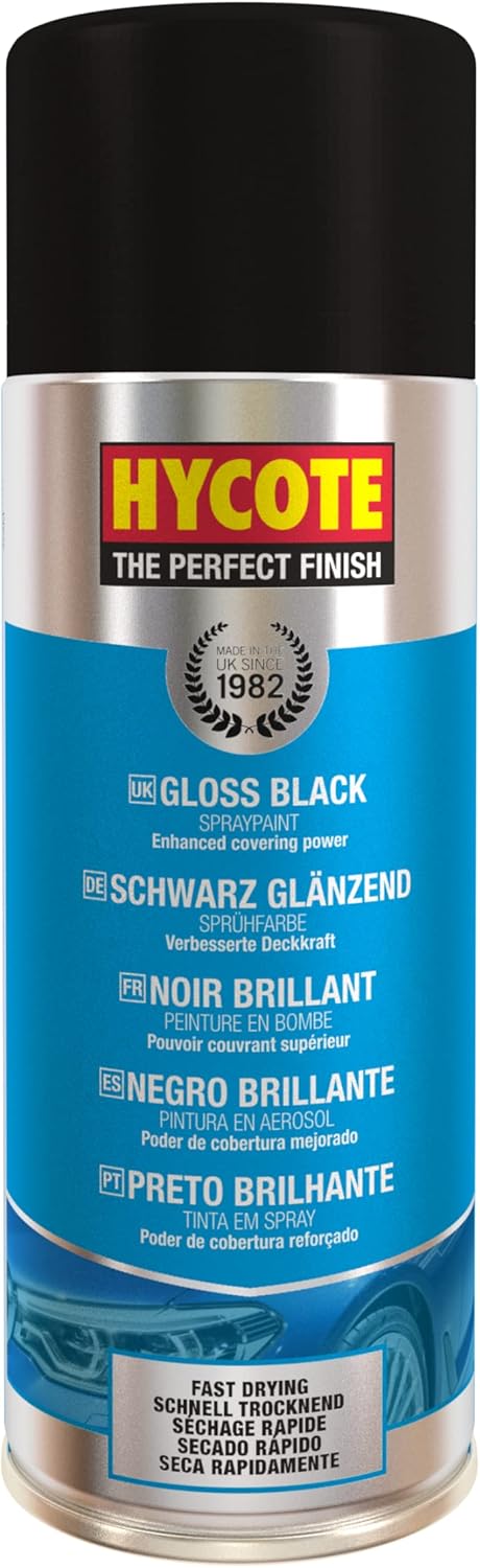Hycote Black Spray Paint, Gloss Black, 13.5 Oz - Fast Drying, UV & Weather Resistant, Acrylic Formula for Superior Protection – For Automotive & DIY Use, 400ml