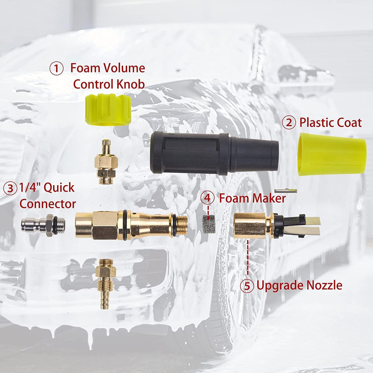 M MINGLE High Pressure Washer Gun with Foam Cannon, Foam Cannon Dual Connector Accessory, Car Wash Foam Gun Kit 1/4 Inch Quick Connector, 5 Pressure Washer Nozzle Tips