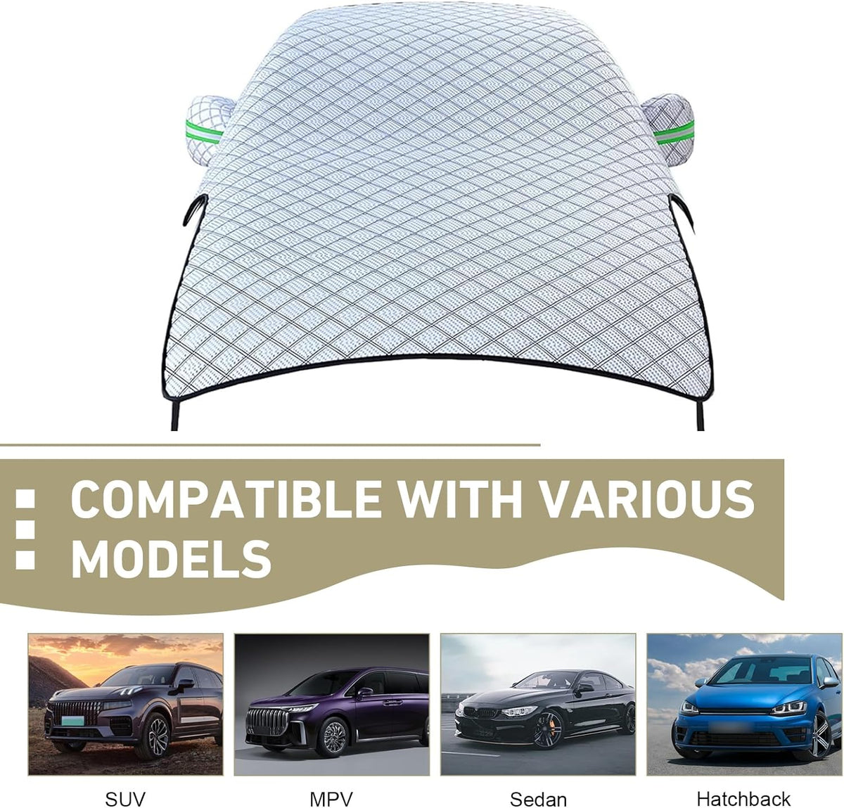 Car Cover Waterproof All Weather, Outdoor Hood Protection, Foldable Protective Shield with Windproof Fixed Strap, Universal Car Snow Cover (Silver)