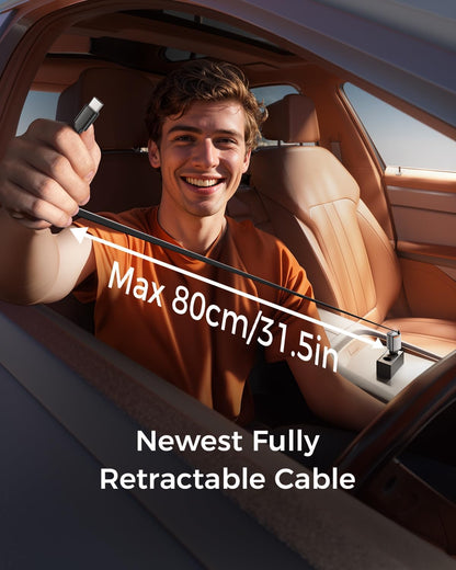 SUPERONE 69W Retractable Car Charger with Dual Cables, Compact Bluetooth 5.3 Car Adapter, FM Transmitter Radio Receiver for Hands-Free Calls & MP3 Music, USB C Fast Charging for iPhone Android