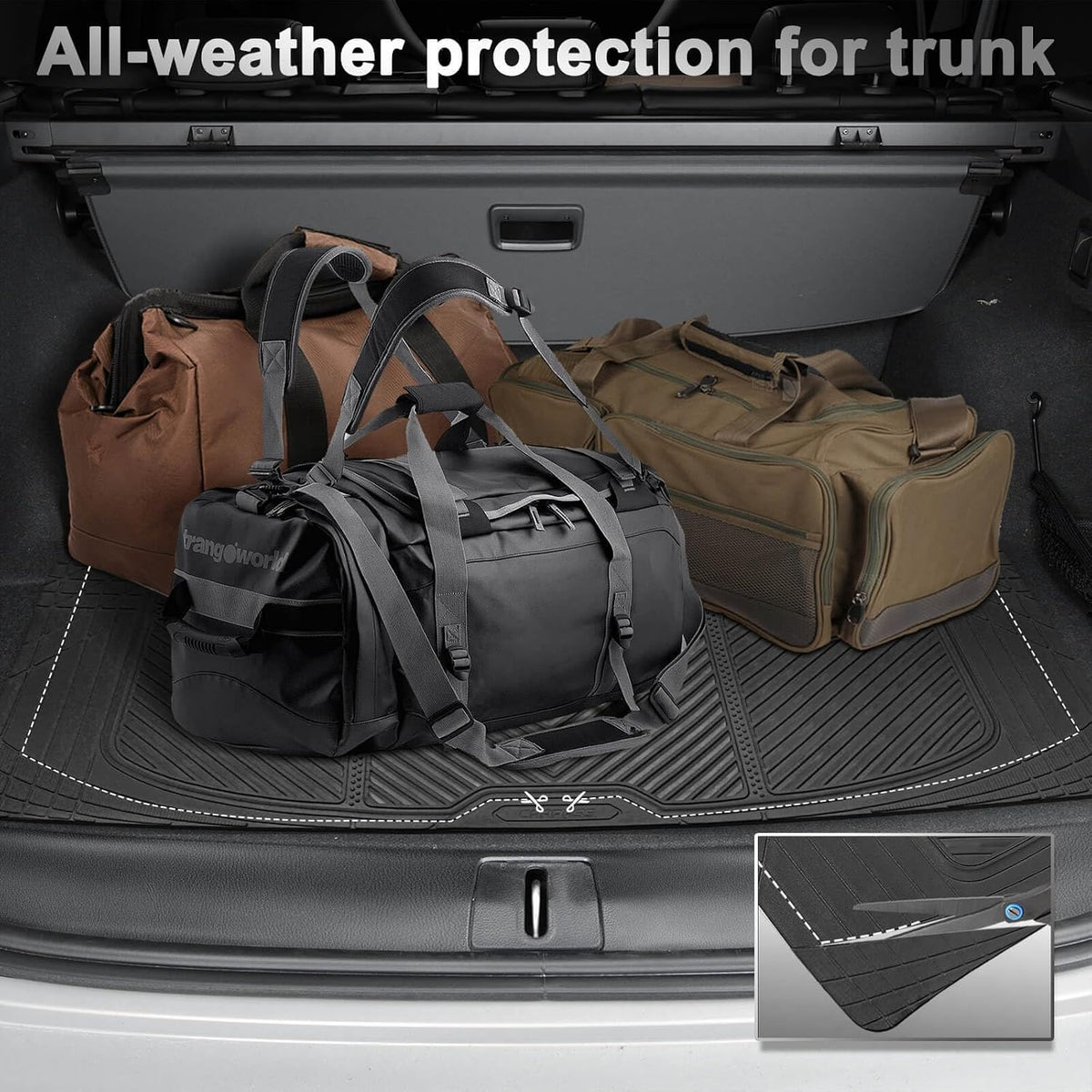 CAR PASS Rubber Floor Mats, All Weather Waterproof Trim-to-Fit Automotive Mats for Cars Trucks SUV, Anti-Slip Easy Clean, Heavy Duty Full Set 3-Piece, All Black