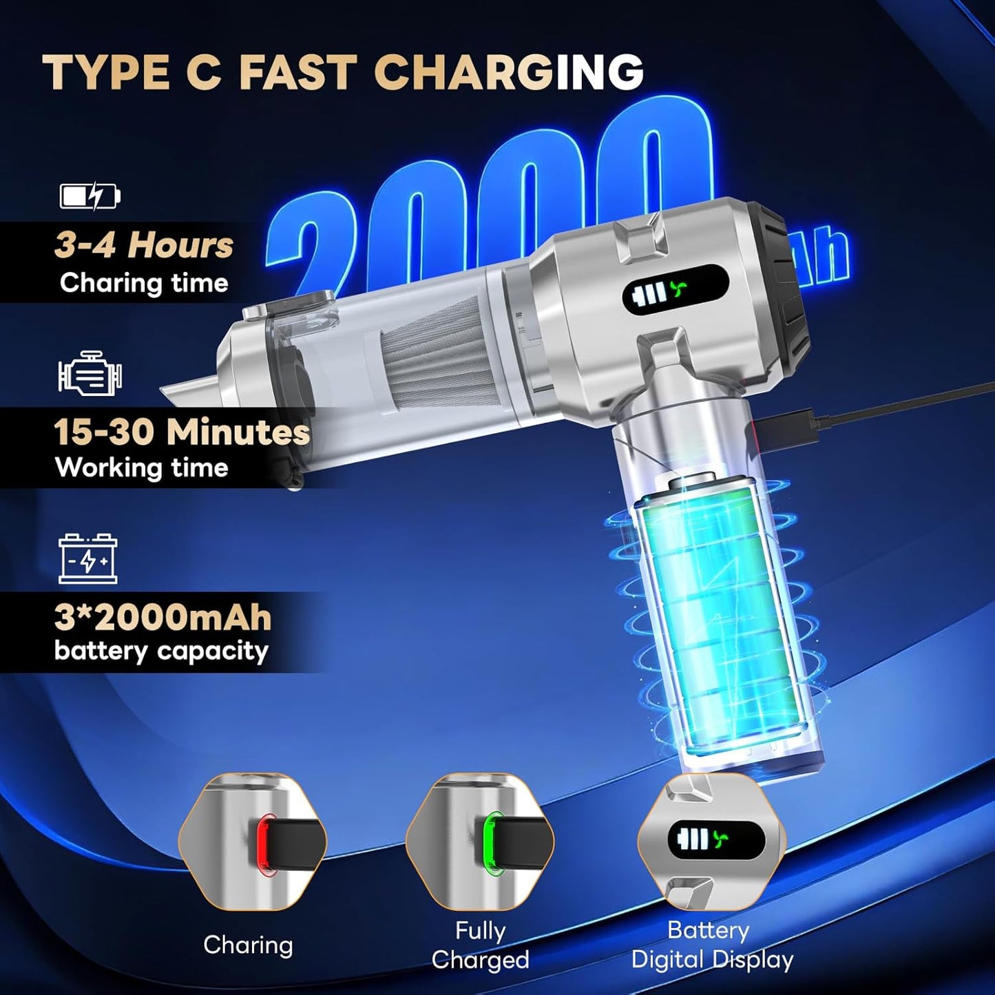 Sycoodeal Handheld Car Vacuum Cleaner, 25000PA Strong Cyclonic Suction Portable Mini Vacuum Cordless with Digital Display Lightweight Handheld for Pet Hair, Car, Home, Office, Kitchen(Silver)