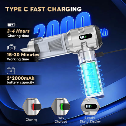 Sycoodeal Handheld Car Vacuum Cleaner, 25000PA Strong Cyclonic Suction Portable Mini Vacuum Cordless with Digital Display Lightweight Handheld for Pet Hair, Car, Home, Office, Kitchen(Silver)