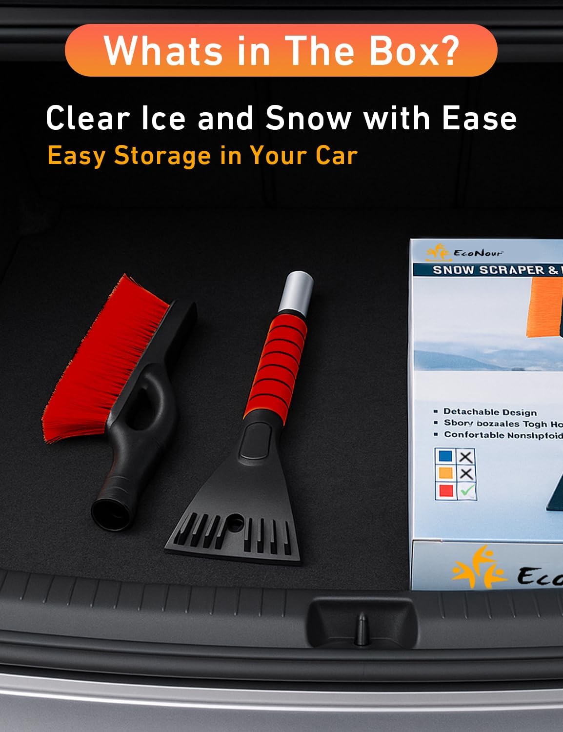 EcoNour 27" Aluminum Ice Scrapers for Car Windshield | Car Snow Scraper Window and Snow Brush with Ergonomic Foam Grip Winter Accessories (Orange)