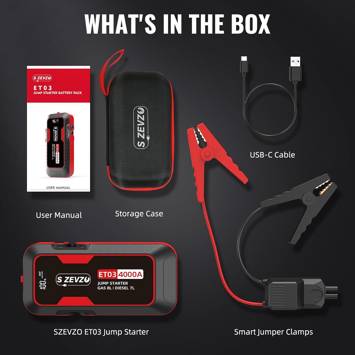 S ZEVZO ET03 4000A Car Jump Starter Jump Starter Battery Pack for Up to 8.0L Gas and 7.0L Diesel Engines, 74Wh Portable 12V Jump Box with USB Ports, LCD Display, Storage Case, and LED Light