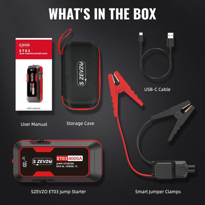 S ZEVZO ET03 4000A Car Jump Starter Jump Starter Battery Pack for Up to 8.0L Gas and 7.0L Diesel Engines, 74Wh Portable 12V Jump Box with USB Ports, LCD Display, Storage Case, and LED Light