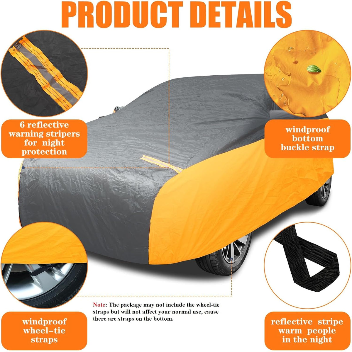 Riakrum Full Car Cover Waterproof All Weather for Automobiles Windproof Cover Rain UV Protection Sun Scratch Resistant Outdoor Universal(Fit Sedan Length (185-193'') 70'' H,Black, Orange)