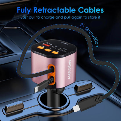 Retractable Car Charger,5 in 1 Fast Cars Phone Charger 90W,Bluetooth 5.3 FM Transmitter Adapter,Handsfree Call,2 Retractable Cables and USB Chargers for iPhone17/16 15/14/13