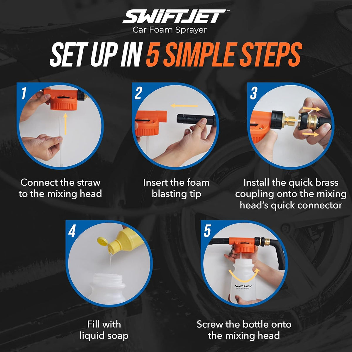 SwiftJet Car Wash Foam Gun + Microfiber Wash Mitt - Foam Cannon Works with Any Soap - Garden Hose Car Foam Sprayer - Car Wash Kit - Car Accessories Foam Blaster (Orange Foam Gun with Mitt)