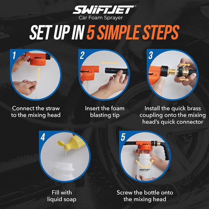 SwiftJet Car Wash Foam Gun + Microfiber Wash Mitt - Foam Cannon Works with Any Soap - Garden Hose Car Foam Sprayer - Car Wash Kit - Car Accessories Foam Blaster (Orange Foam Gun with Mitt)