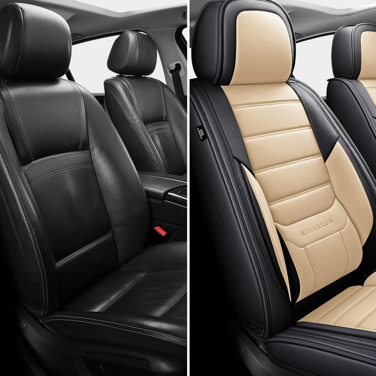 MINGBRON Car Seat Cover Full Set, Leather Car Seat Cover, Waterproof Seat Covers, Car Seat Cushion, Nappa Leather Seat Covers Car Seat Protector Universal Fit Most Cars Black