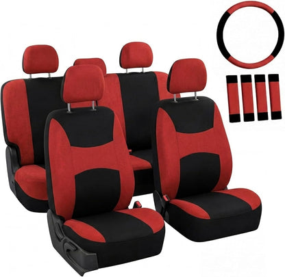 FH Group Full Set Cloth Car Seat Covers, Universal Fit Front and Split Bench Rear, Airbag Compatible, Washable for SUV, Sedan, Van - Black