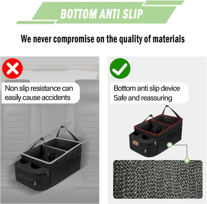 FUNNy elf Car Backseat Organizer for Cars, Collapsible Front Seat Organizer with 4 Cup Holders, Storage Pockets & Dividers, Passenger Seat Organizer for SUV, Truck, Sedan