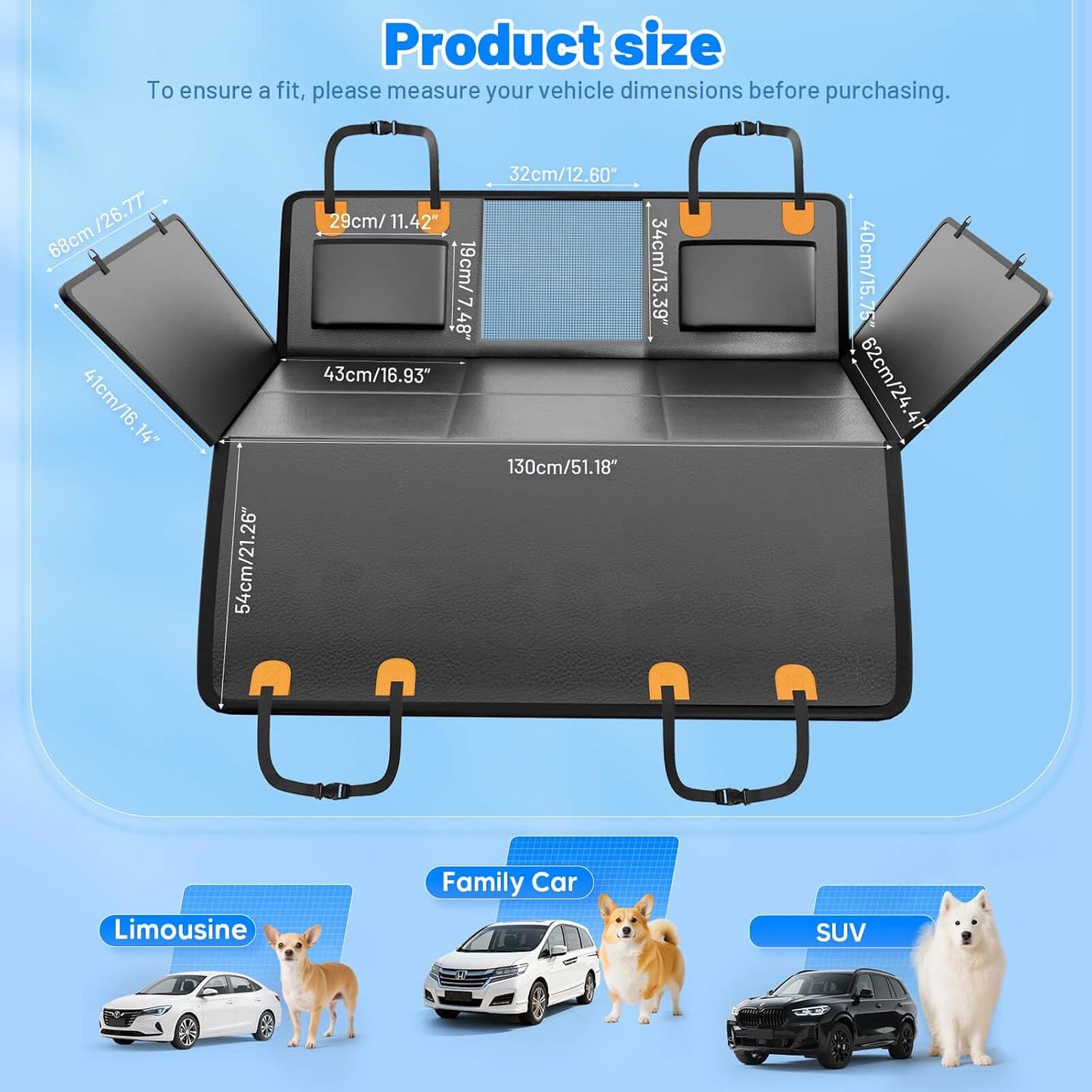 Dog Car Seat Cover for Back Seat with Hard Bottom,Waterproof Back Seat Extender for Dogs,Dog Hammock Dogs Bed for Cars, SUVs,Pet Seat Cover for Back Seat Holds 400lbs with Mesh Window & Pocket